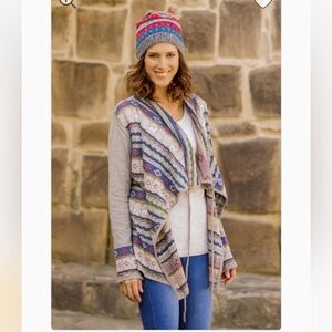 Novica Peru Waterfall Tie Front Embroidered Crochet Cardigan Sweater Multicolor